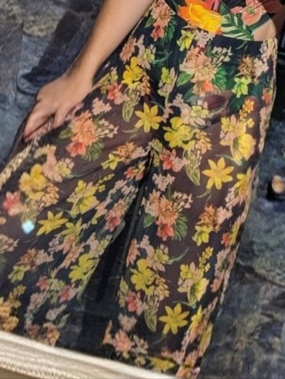 ASOS Black Wide-Leg Floral Pants with Yellow & Coral Blooms